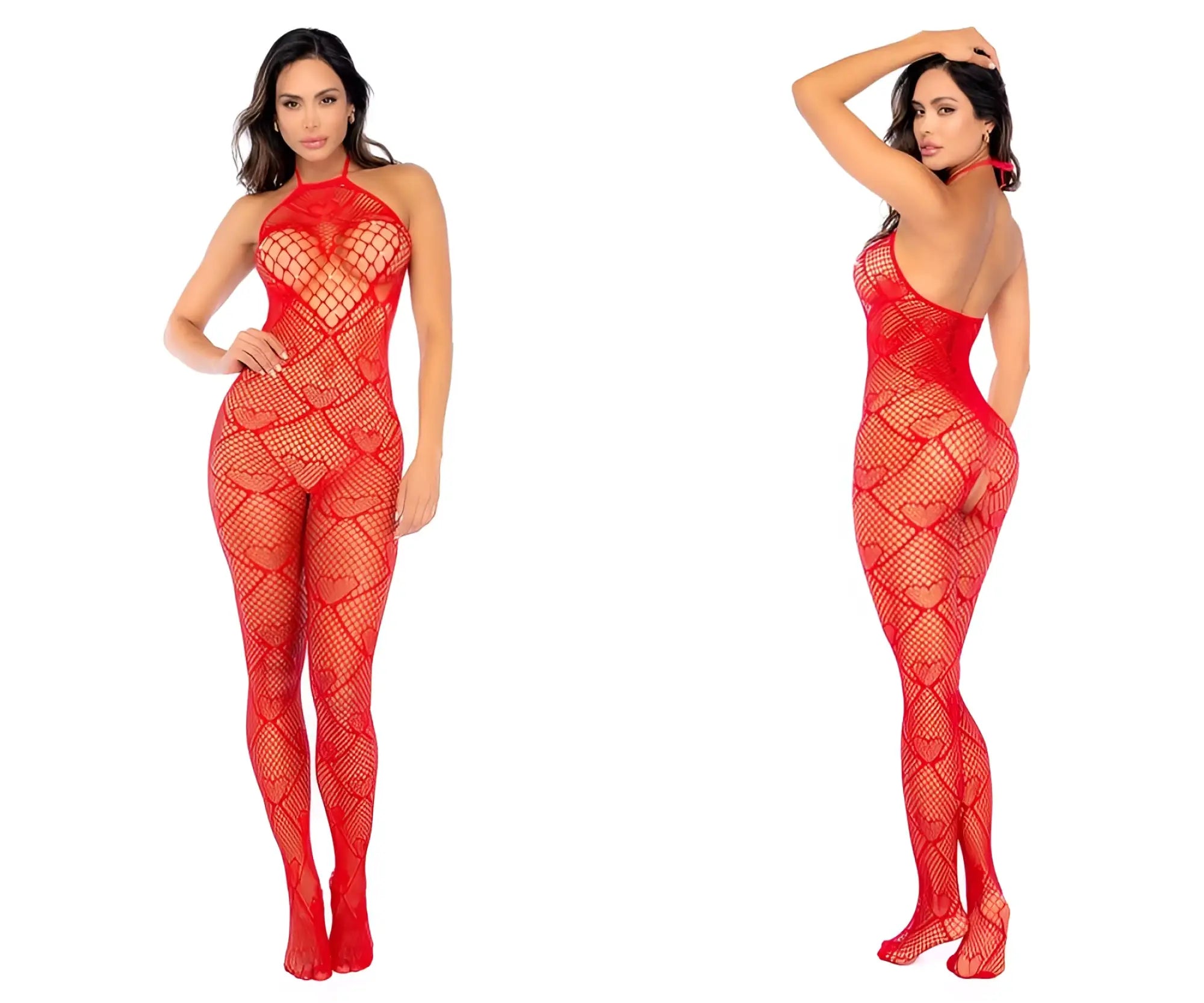 Red heart patterned mesh bodysuit mapale 1164 heart fishnet bodystocking with rhinestone detail in red