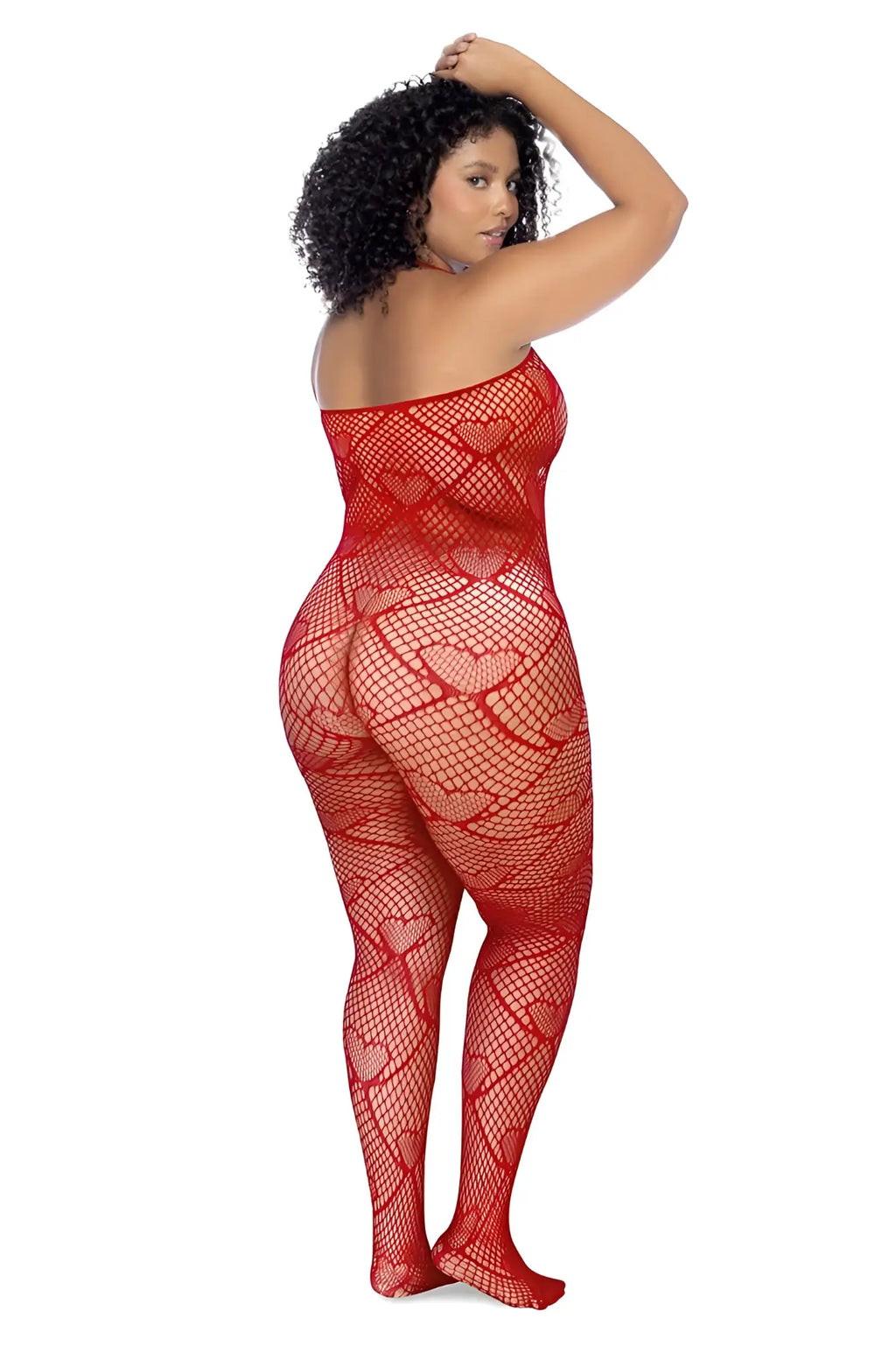 Red fishnet bodystocking with heart-shaped mesh pattern and rhinestone detail by Mapale in vibrant red color