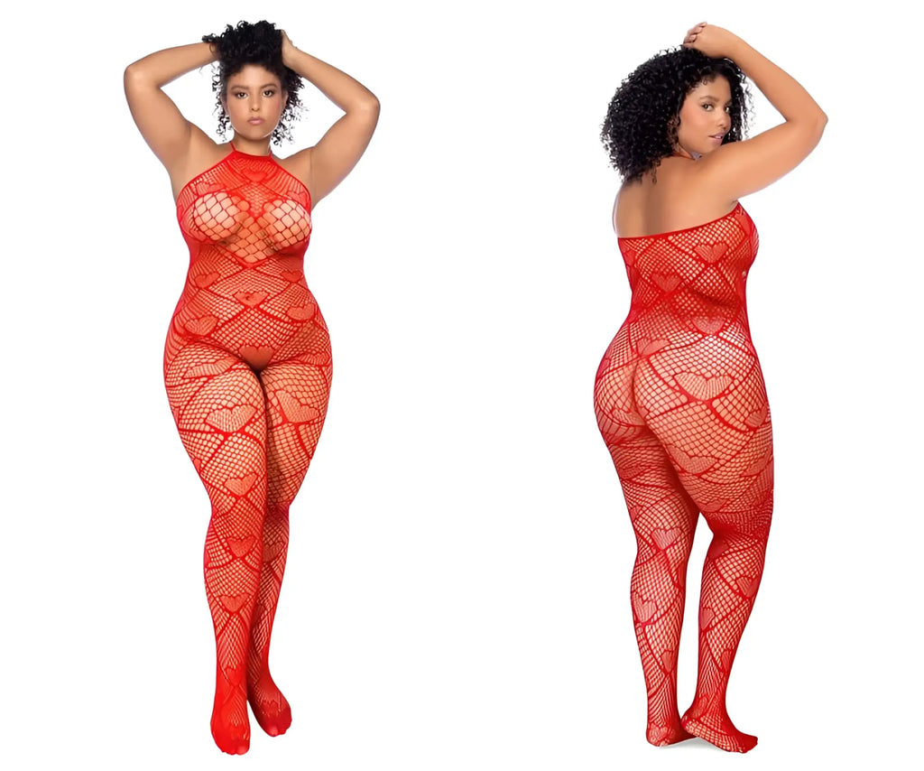 Mapale 1164x red heart fishnet bodystocking with rhinestone detail featuring a red heart patterned mesh design