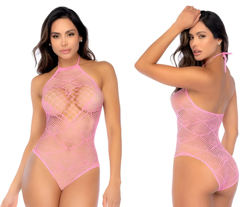 Pink mesh heart fishnet bodysuit with halter neck and tie back straps in bubblegum pink by mapale 1165