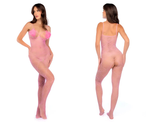 Mapale 1167 feather kiss bubblegum pink fishnet bodysuit with sheer mesh and fluffy pink bust embellishments