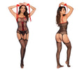 Black fishnet nurse bodystocking with red lace-up front, matching straps, and medical emblem on chest by Mapale
