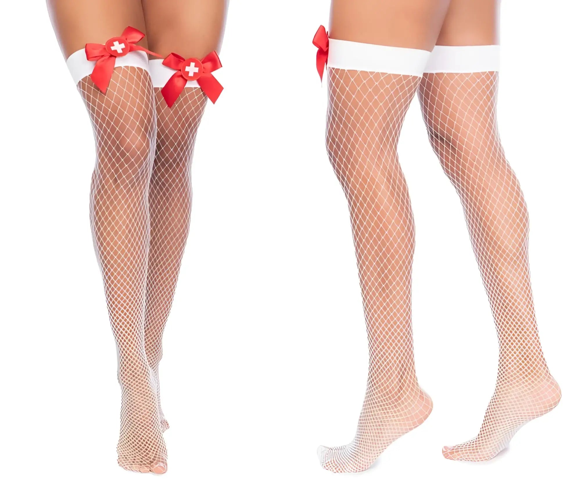 White fishnet thigh high stockings with red bow accents from mapale 1172 nurse fishnet thigh high collection