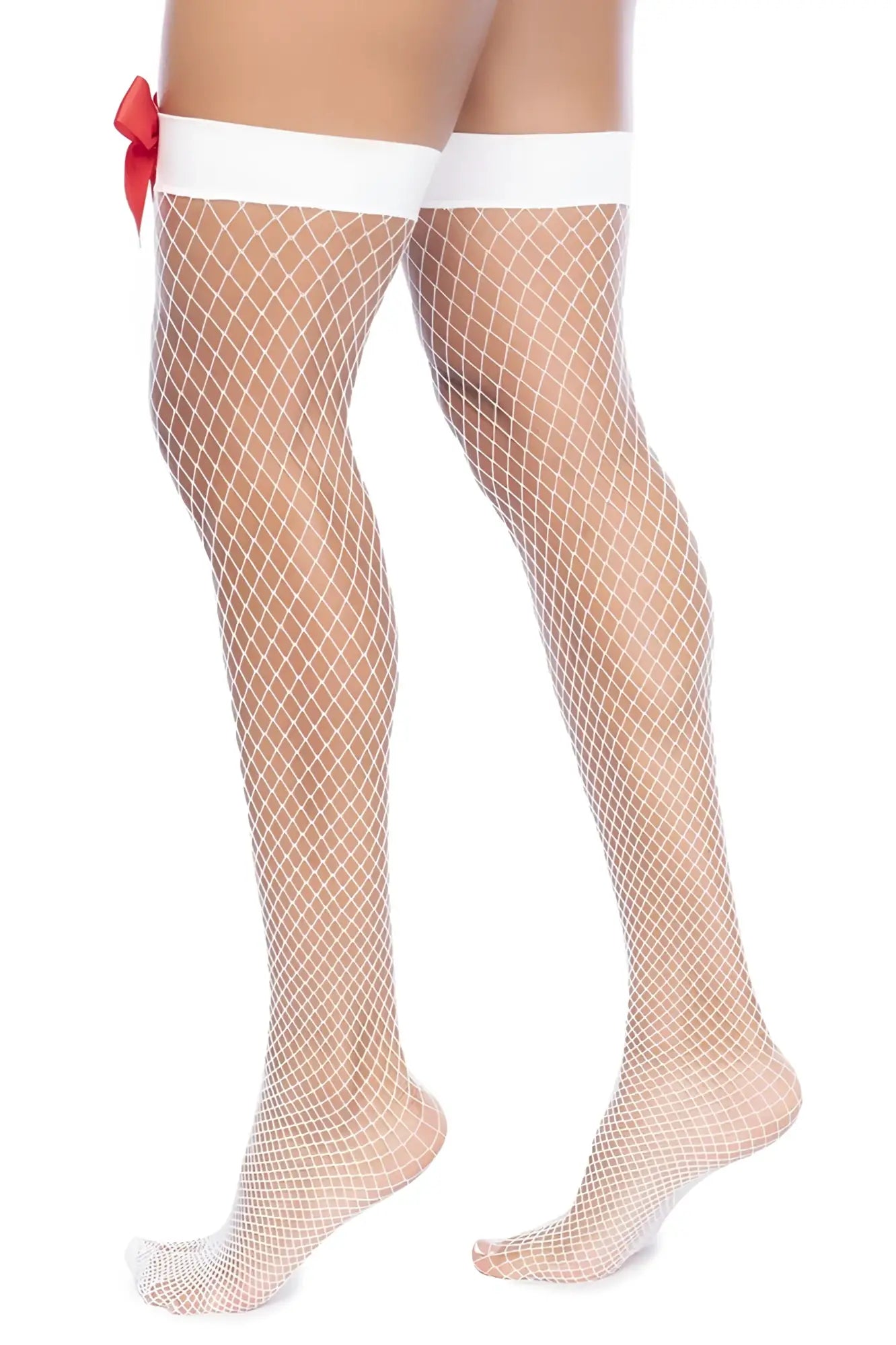White fishnet thigh high stockings with red bow on left leg by mapale nurse fishnet thigh high color white red