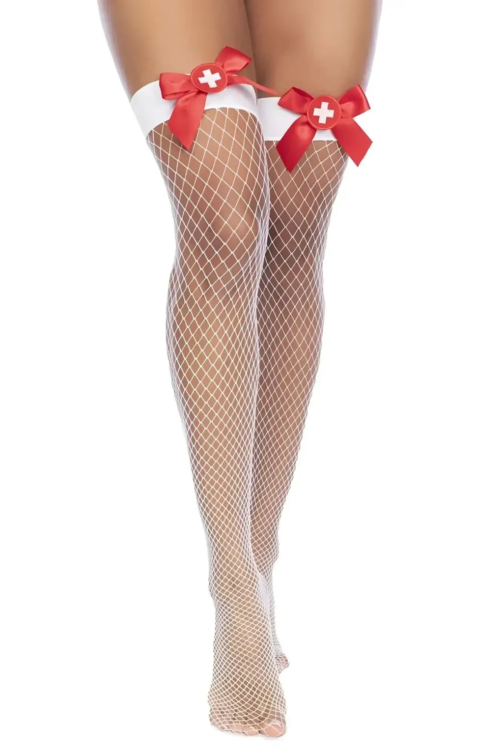 White fishnet thigh-high stockings with red satin bows and a white cross center from mapale 1172 nurse collection