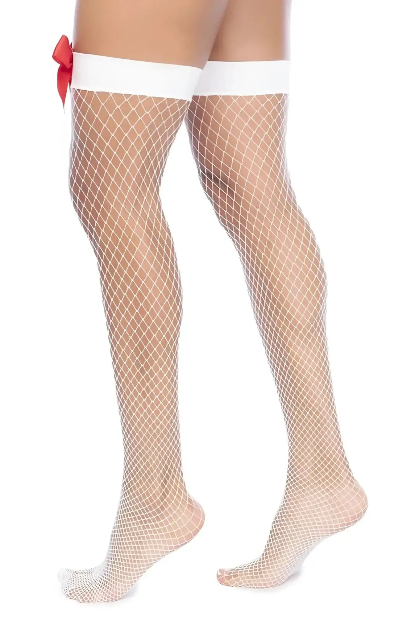 White fishnet thigh high stockings with red bow on left leg from mapale 1172 nurse fishnet collection