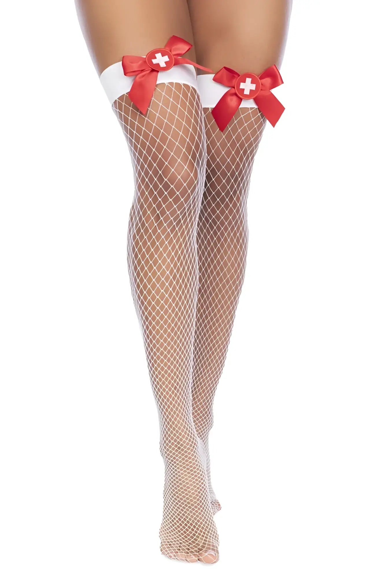 White fishnet thigh-high stockings with red satin bows and a white cross center from mapale 1172 nurse collection