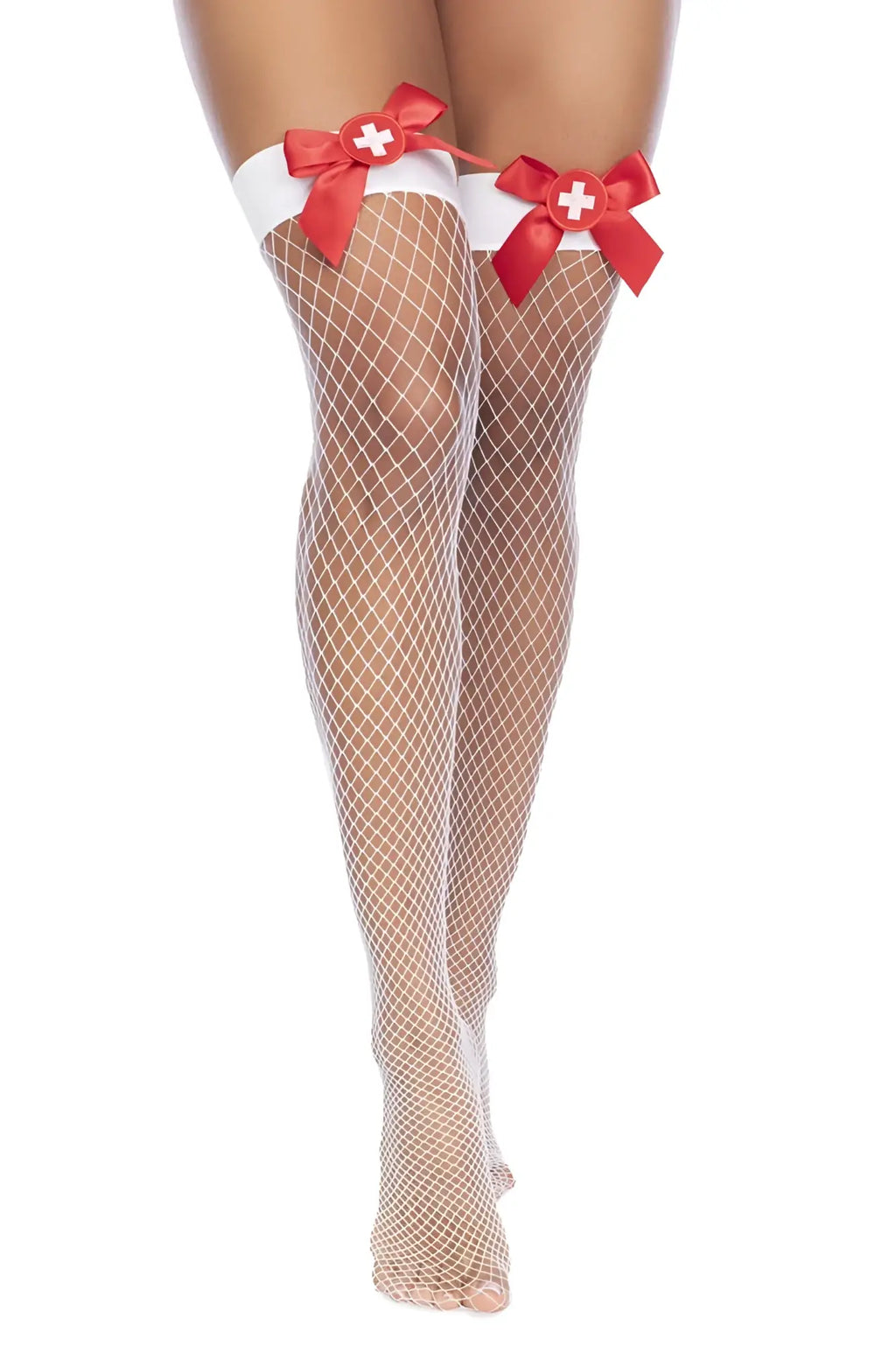 White fishnet thigh high stockings with red satin bows and a white cross by mapale 1172 nurse fishnet thigh high color white-red
