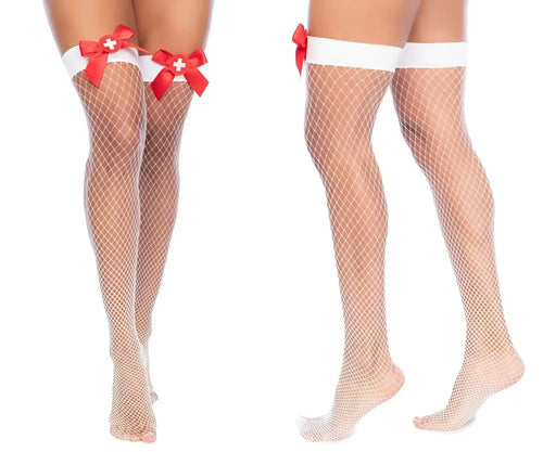 White fishnet thigh high stockings with red bow accents from mapale 1172 nurse fishnet thigh high collection