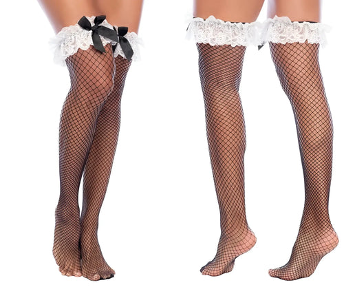 Black fishnet thigh high stockings with white lace trim and black bow on left side by Mapale 1173 maid fishnet
