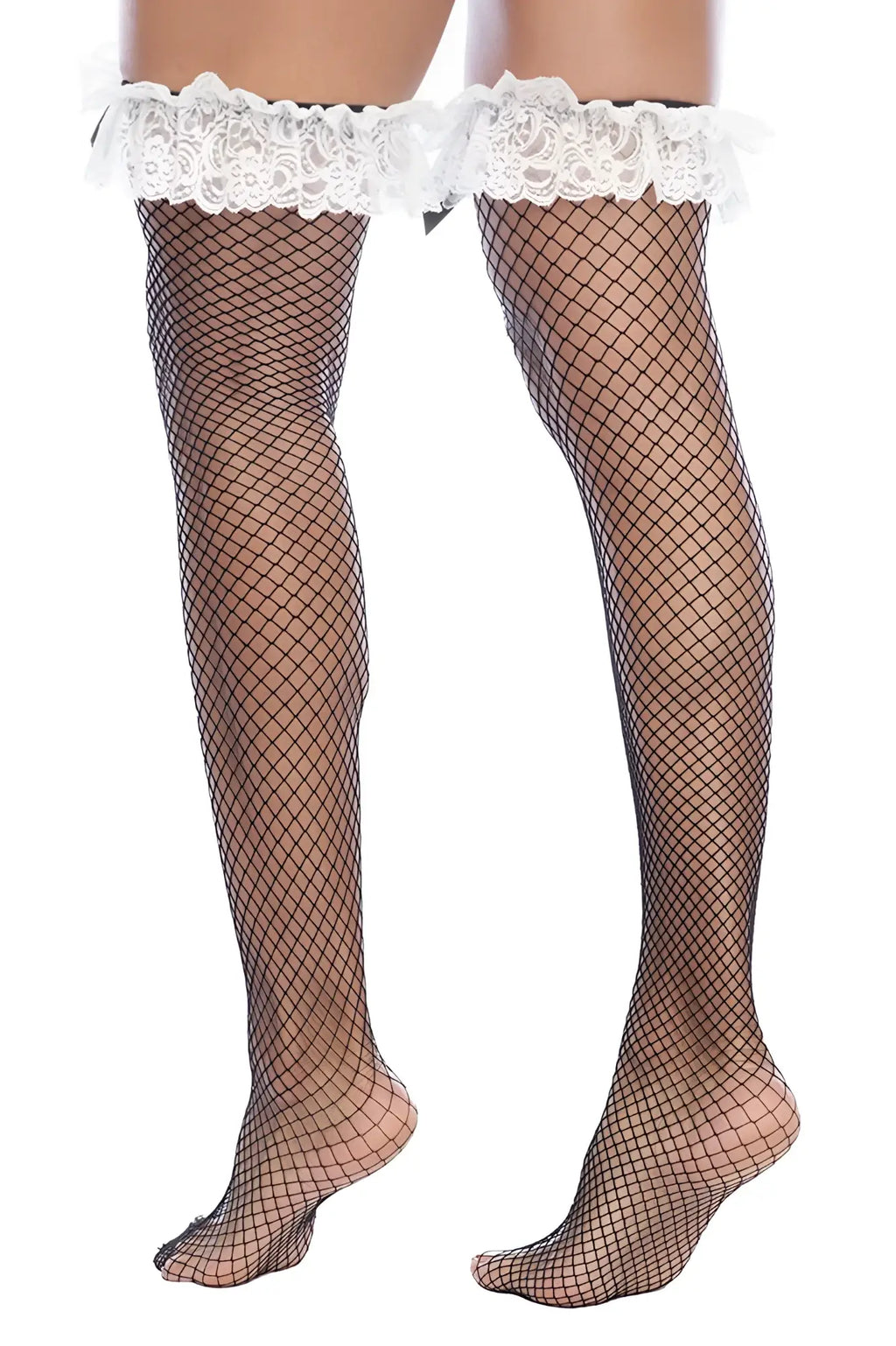 Mapale 1173 maid fishnet thigh high stockings in black with white lace trim made of sheer mesh material