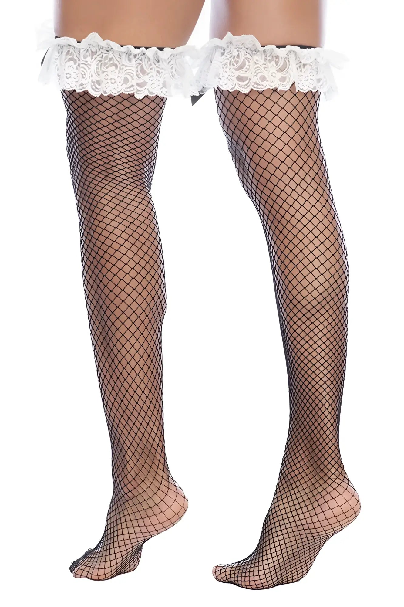 Mapale 1173 maid fishnet thigh high stockings in black with white lace trim made of sheer mesh material