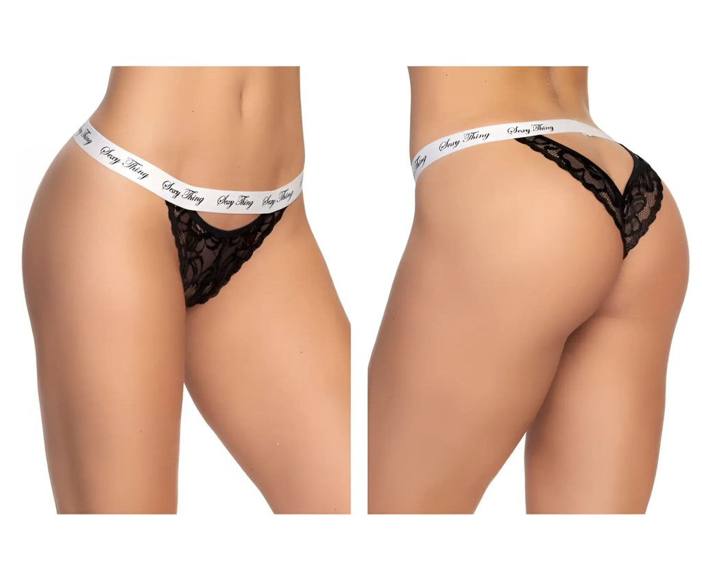 Black lace thong with white elastic waistband featuring sexy thing branding from mapale 118 lace keyhole panty black-white