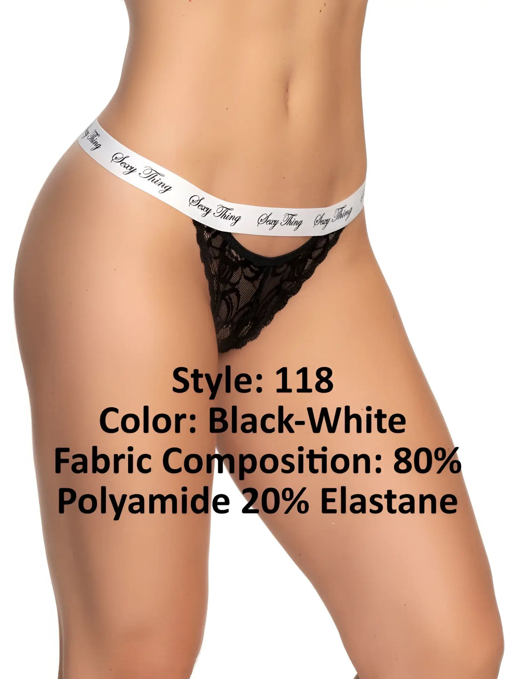 Black lace thong with white elastic waistband featuring sexy thing logo black script by Mapale 118 lace keyhole panty
