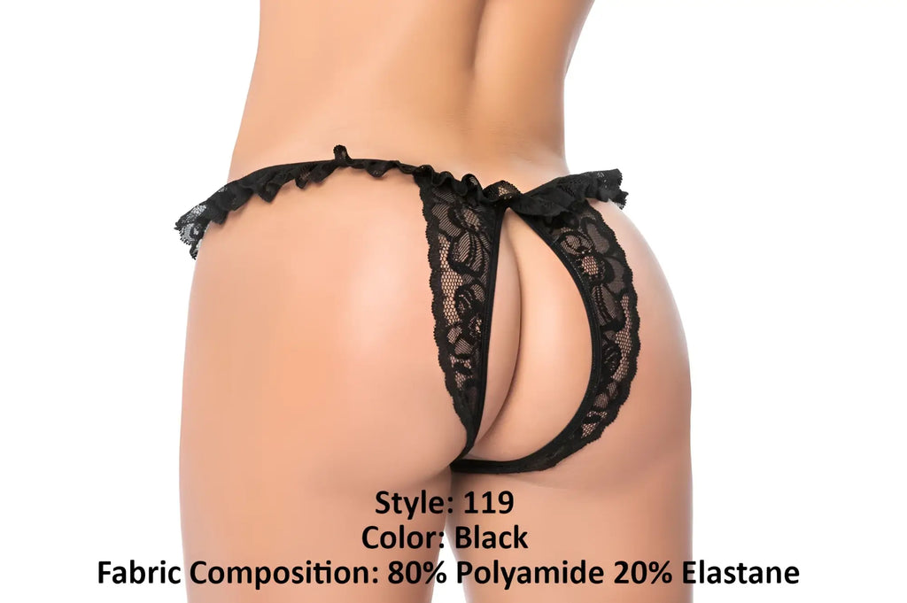 Black lace thong panty by Mapale 119 featuring intricate floral patterns and ruffled edges in black color