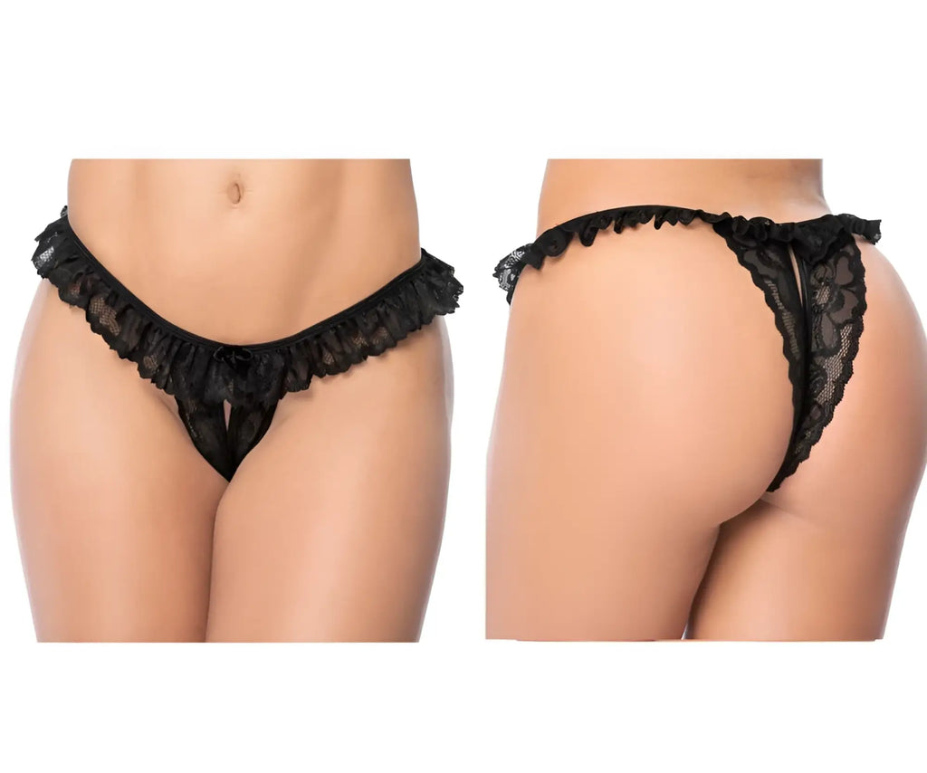Black lace thong panty with ruffled trim and floral pattern by mapale in black showcasing delicate lace design