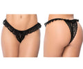 Black lace thong panty with ruffled trim and floral pattern by mapale in black showcasing delicate lace design