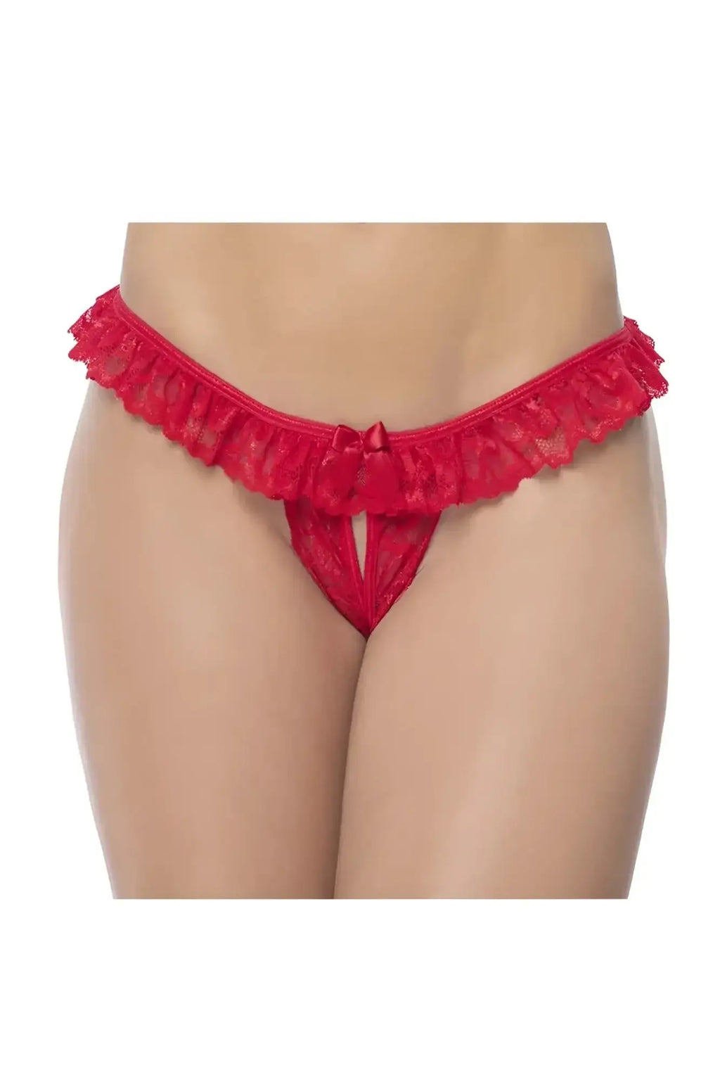 Mapale 119 red lace peek-a-boo panty featuring a red lace thong with ruffled hem and small bow at center