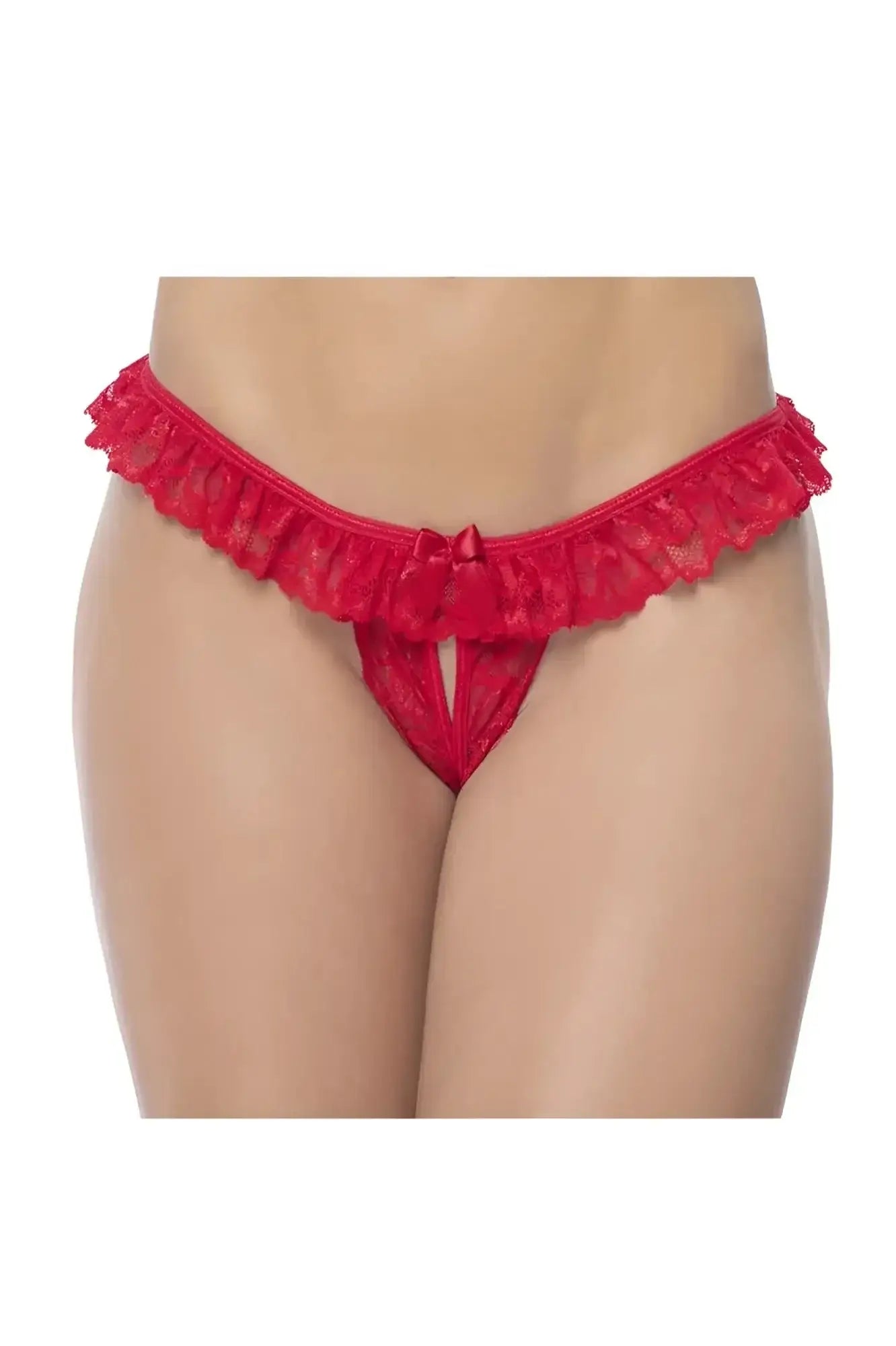 Mapale 119 red lace peek-a-boo panty featuring a red lace thong with ruffled hem and small bow at center