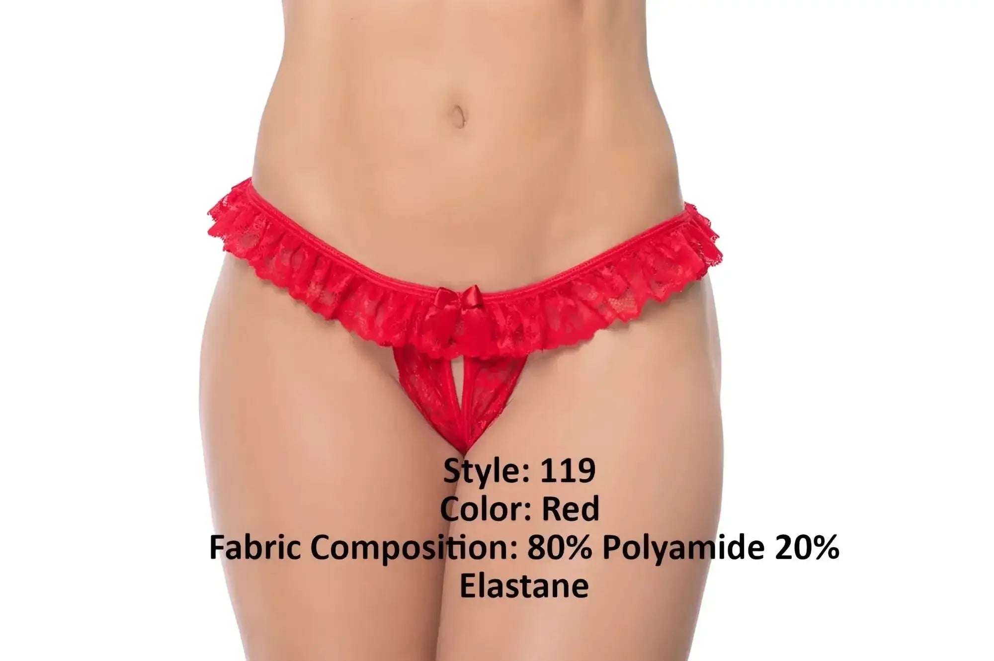 Red lace peek-a-boo thong panty by mapale with ruffled waistband and central bow detail in red