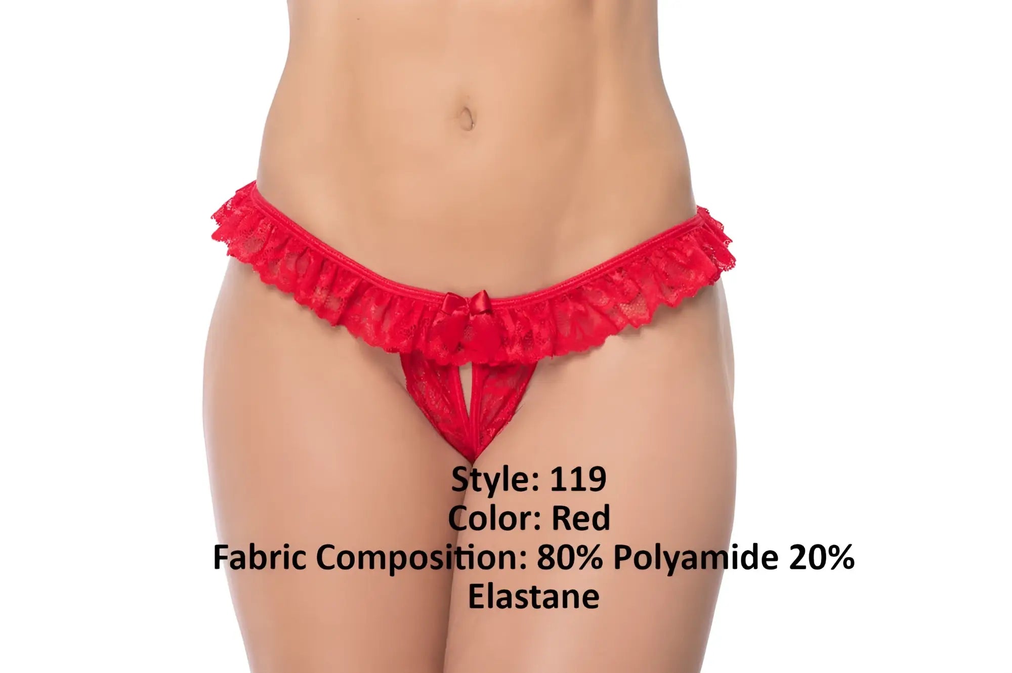 Red lace peek-a-boo thong panty by mapale with ruffled waistband and central bow detail in red
