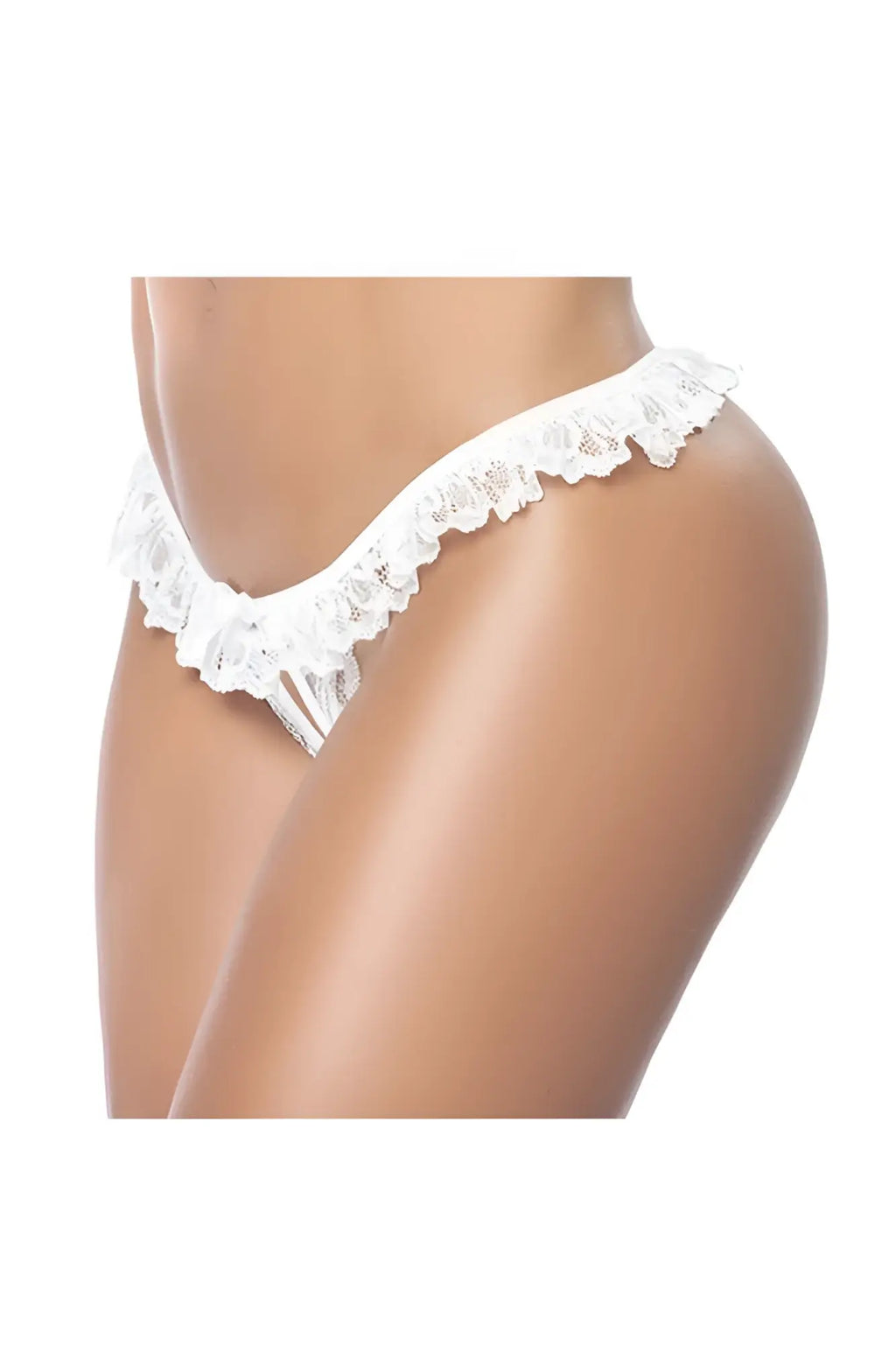 White lace thong panty with delicate ruffled trim by Mapale in white featuring peek-a-boo lace details