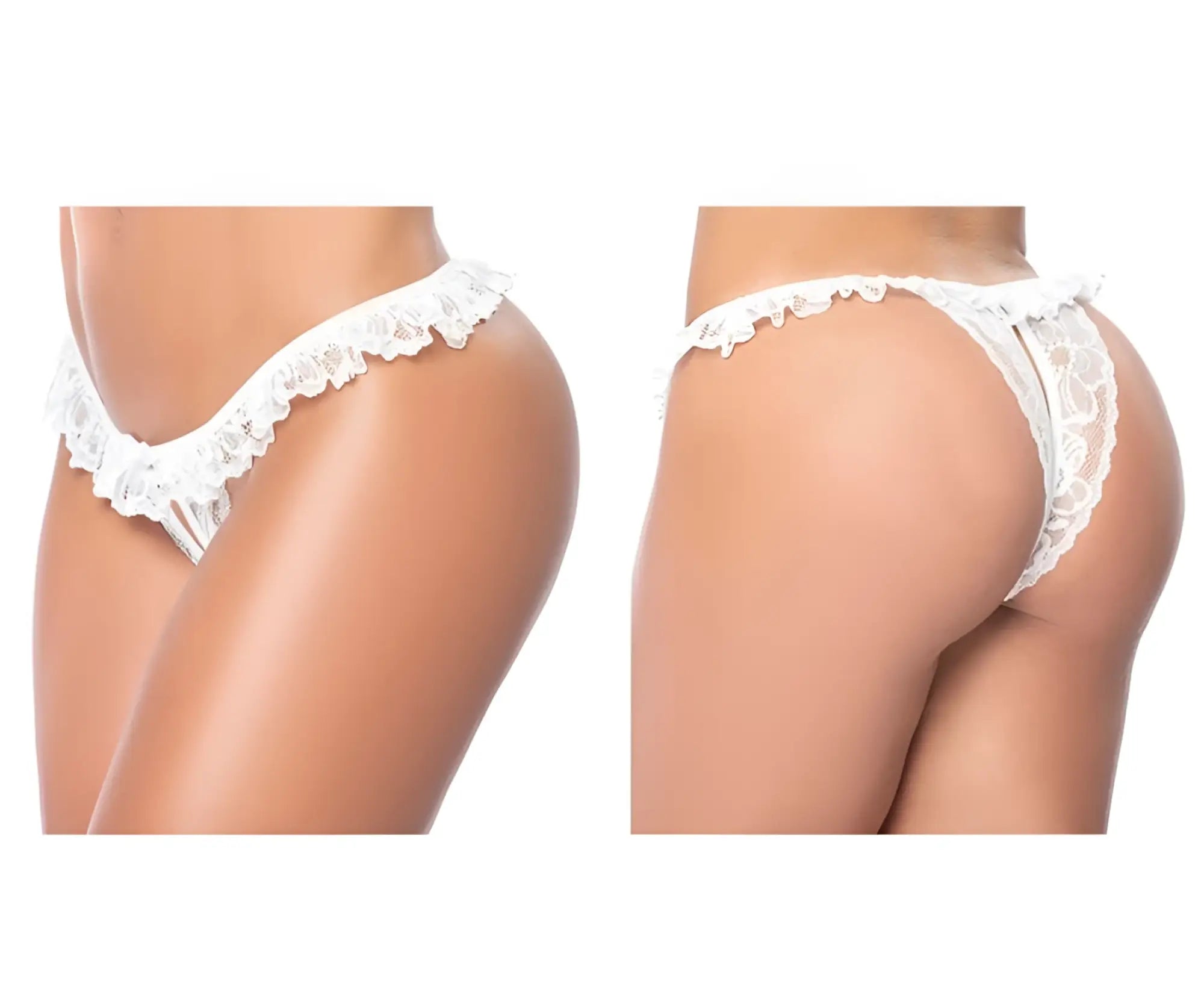 White lace thong panty by mapale with delicate ruffled trim and intricate floral patterns in white lace material