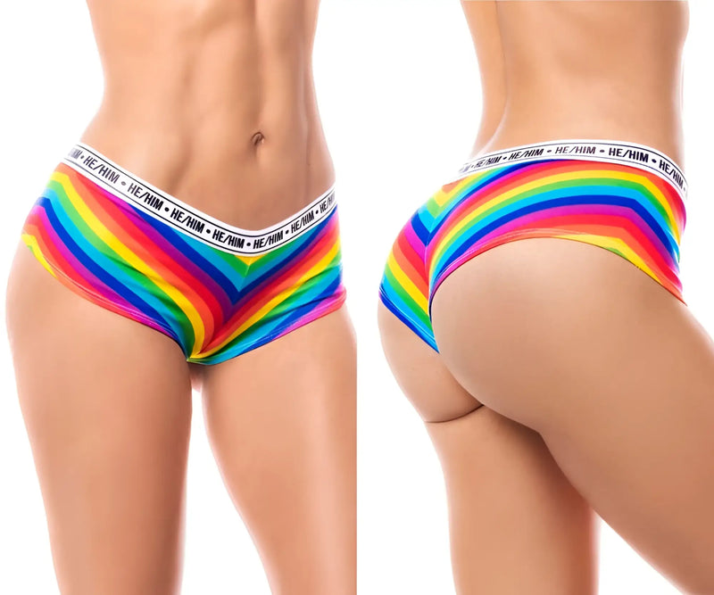 Mapale 122b rainbow cheeky short briefs in rainbow stripes with a white elastic waistband for he him use