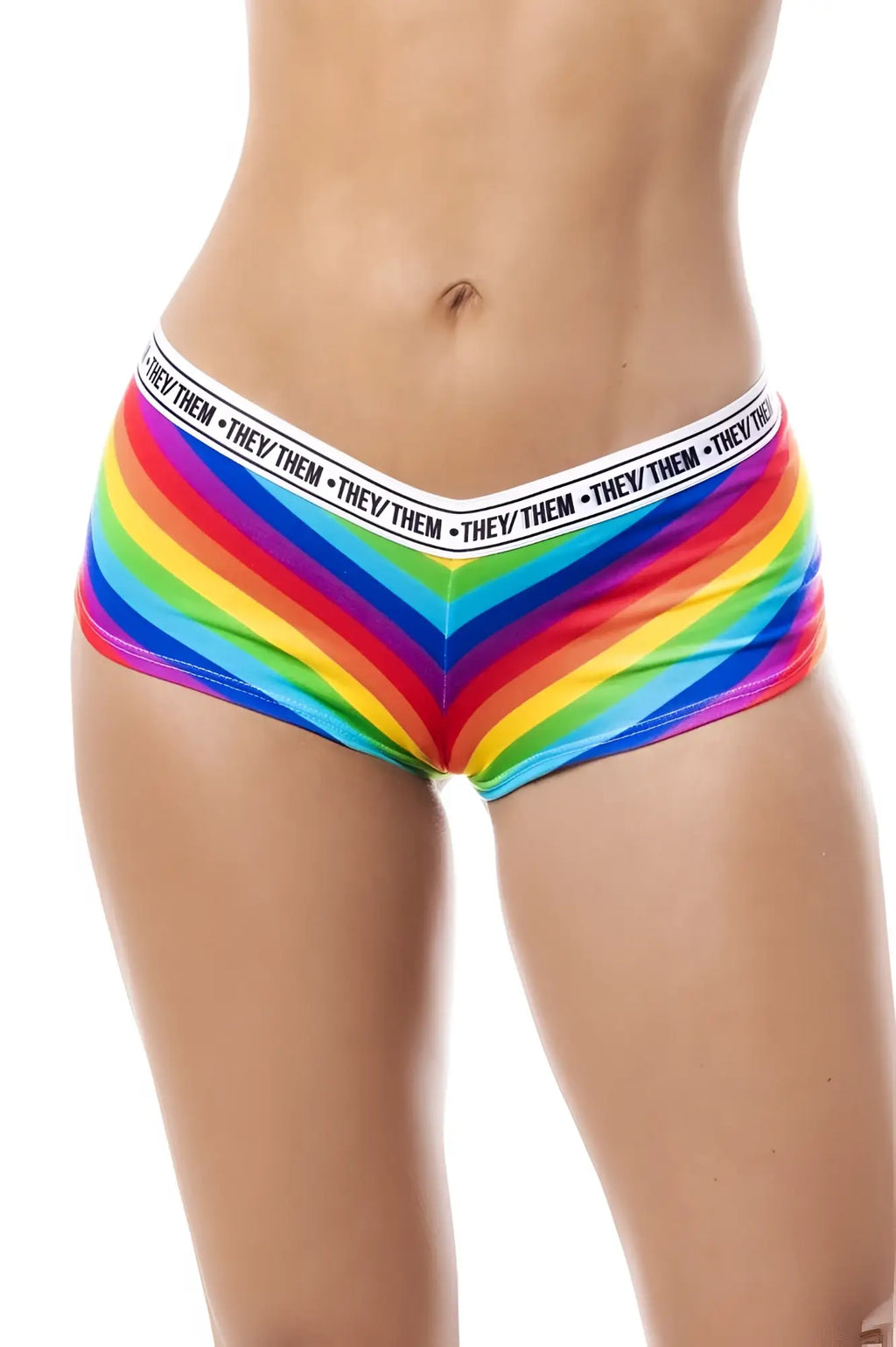 Mapale 122C rainbow cheeky short with rainbow stripes and a white elastic waistband featuring they them text