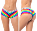 Mapale 122c rainbow cheeky short briefs with rainbow stripes and white elastic waistband printed with they them text