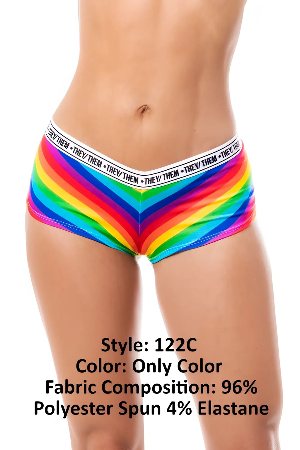 Mapale 122c rainbow cheeky short briefs in rainbow stripes with a white they them waistband visible on front side