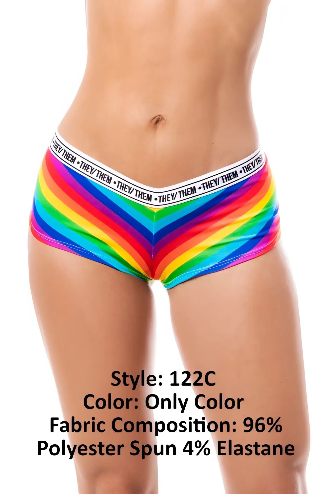 Mapale 122c rainbow cheeky short briefs in rainbow stripes with a white they them waistband visible on front side