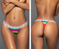 Mapale 123B rainbow thong with rainbow stripes and white elastic waistband featuring repeating brand logo