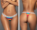Mapale 123B rainbow thong with rainbow stripes and white elastic waistband featuring repeating brand logo