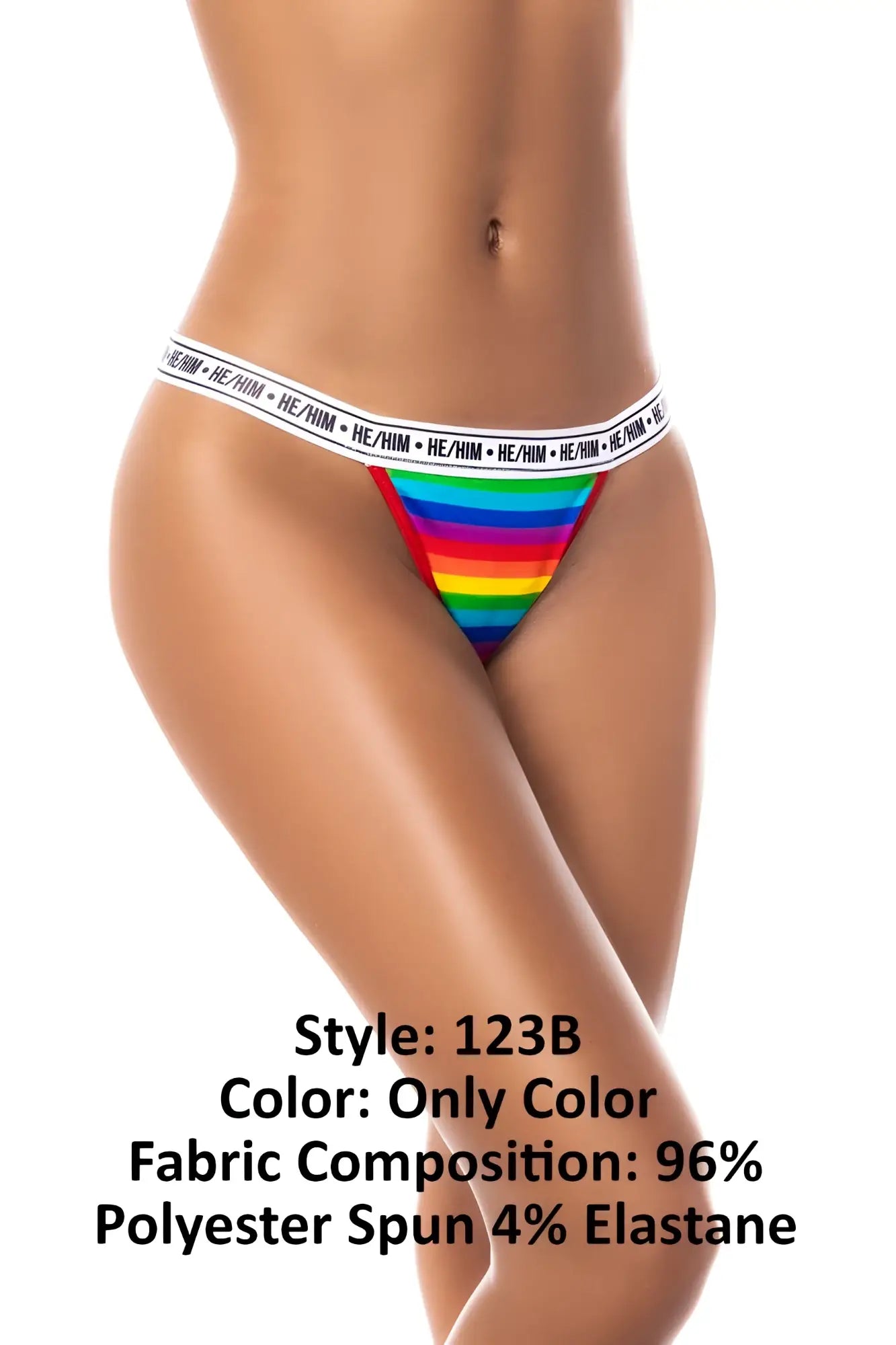 Rainbow-striped triangular bikini bottom with white elastic waistband featuring repeating he/him branding by Mapale