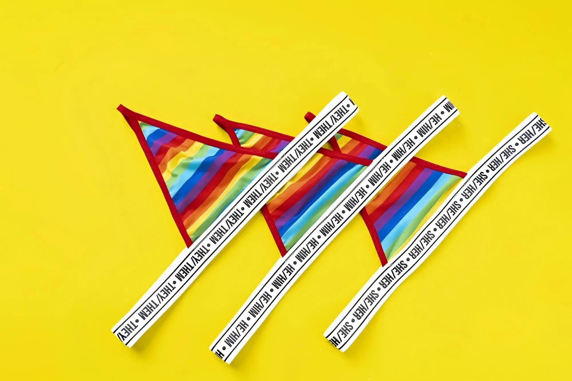 Mapale 123B rainbow thong with rainbow stripes red trim white waistband featuring repeating they thm text