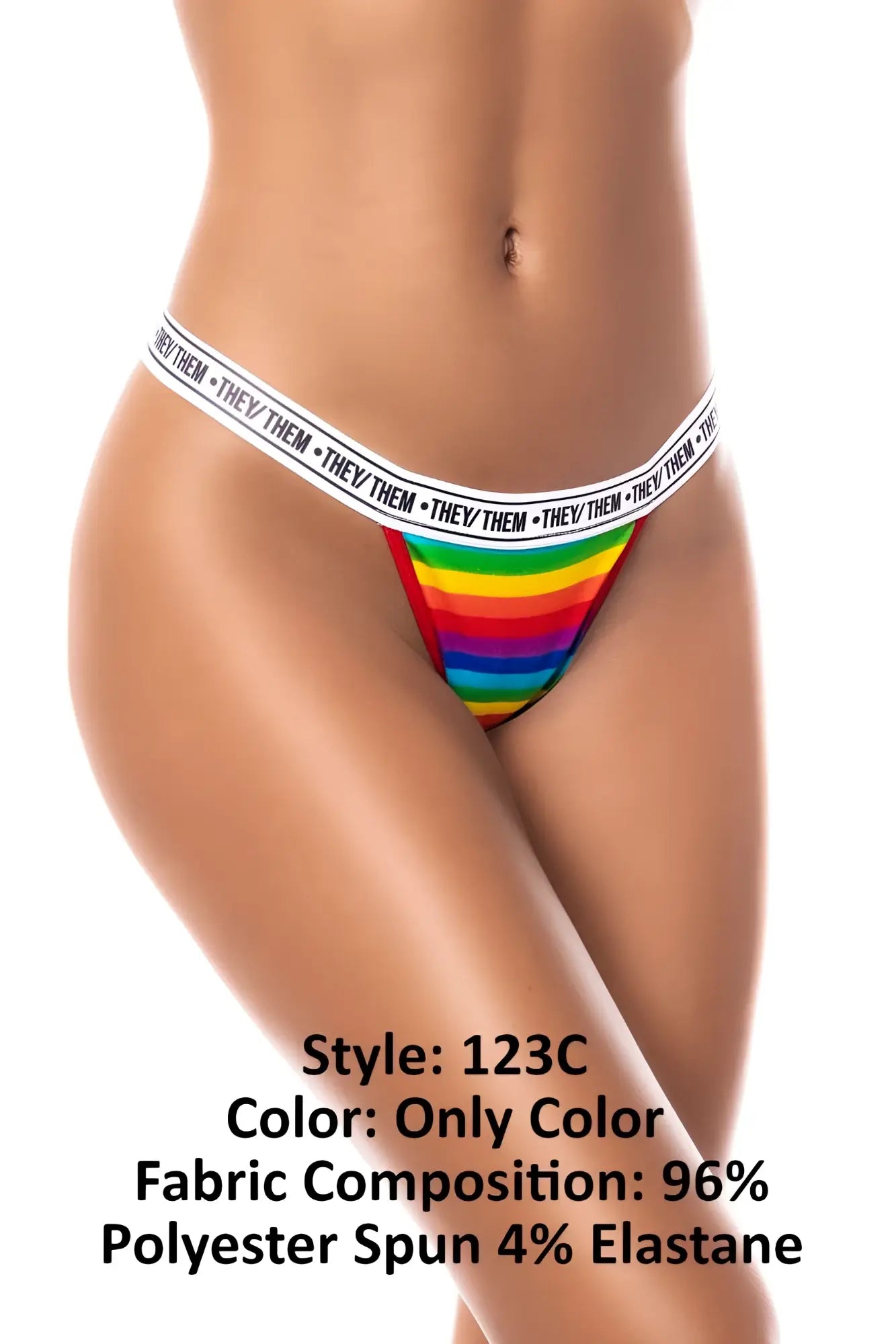 Rainbow-striped thong with white elastic waistband featuring repeated they them logo from mapale 123c collection