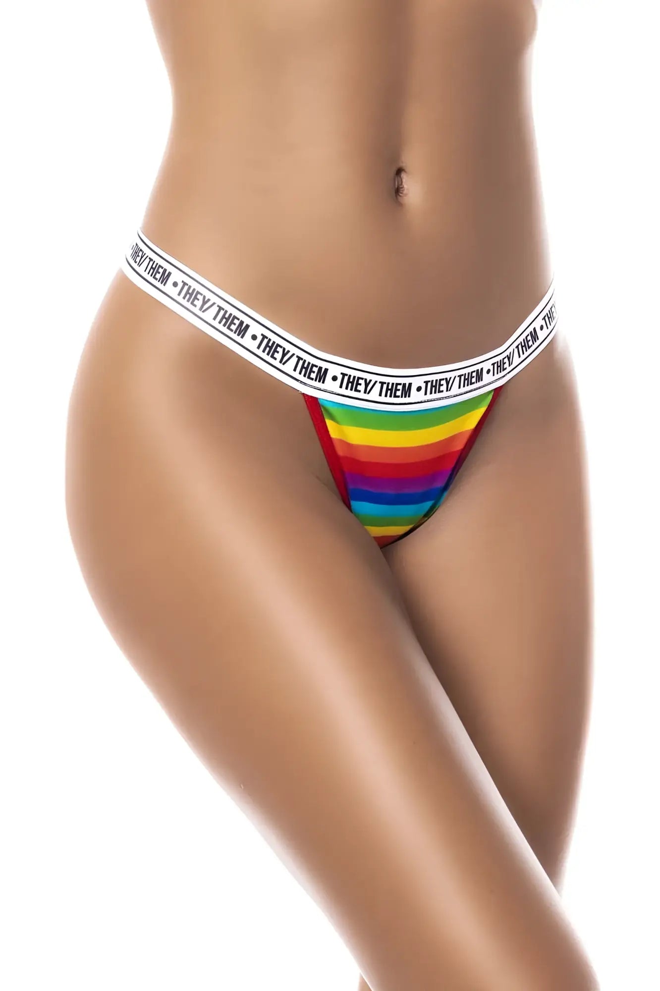 Mapale 123c rainbow thong color with rainbow stripes and white waistband featuring they them text repeated on edge