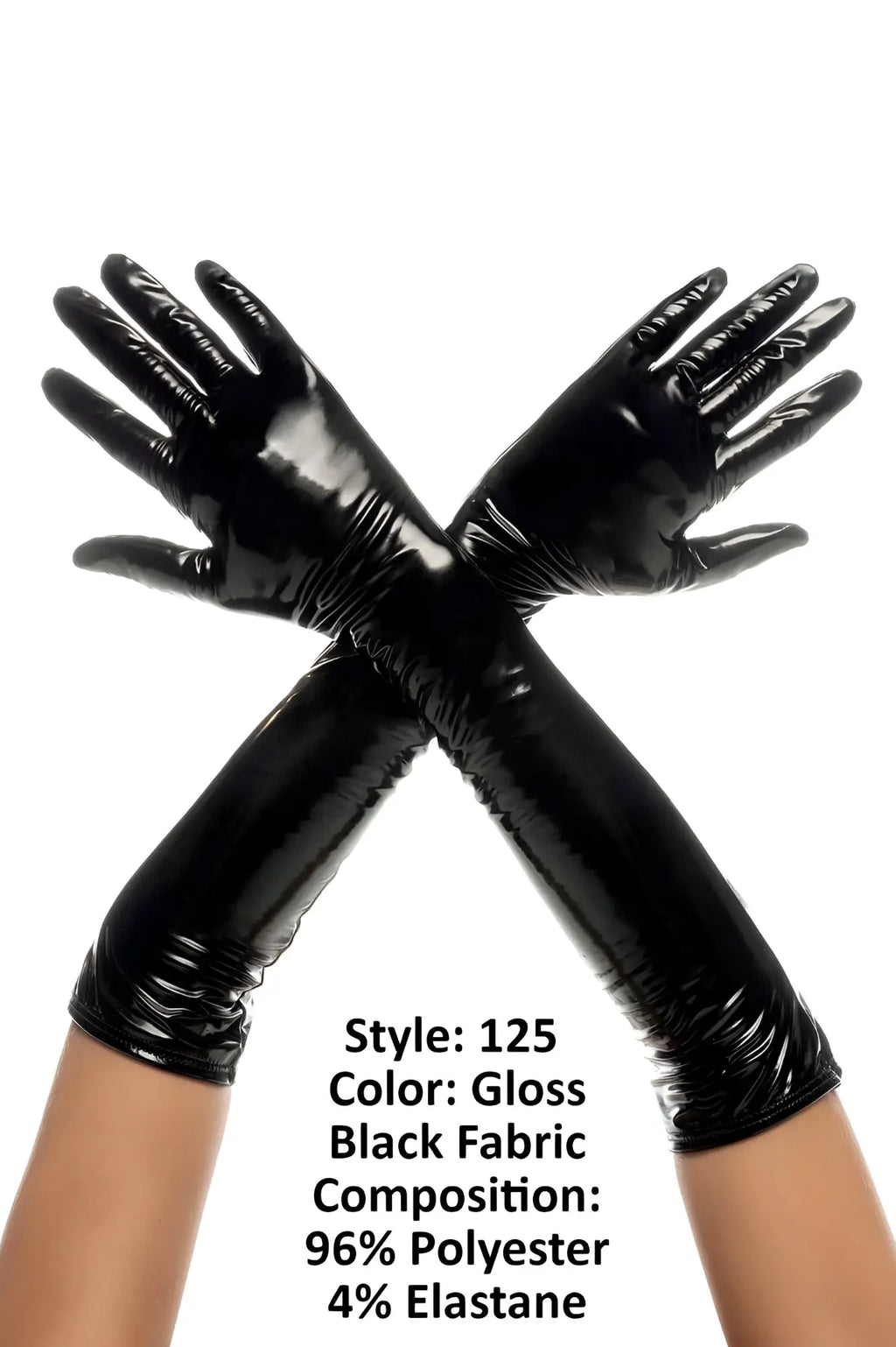 Mapale 125 cruella high gloves are black glossy long gloves made of 96% polyester and 4% elastane
