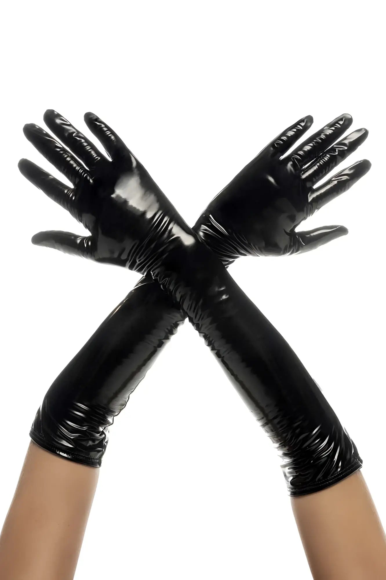 Mapale 125 Cruella high gloves are black patent leather with a glossy finish and a long sleek design showing the back side