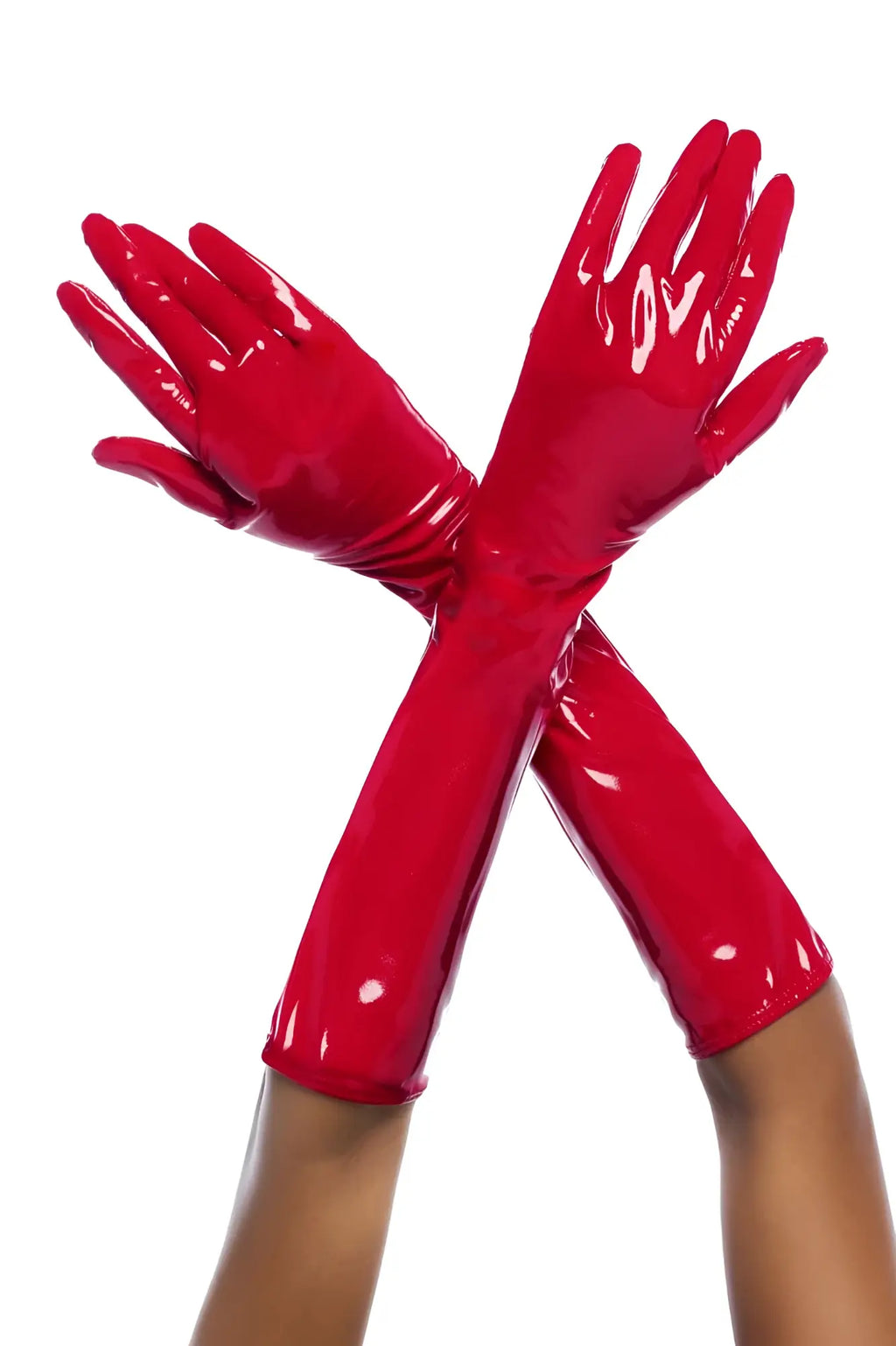Mapale 125 vibrant red glossy latex gloves with long sleeves extending past the elbow for durable protection
