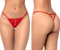 Red lace thong by Mapale 129 featuring a decorative pearl chain down the center in vibrant red lace