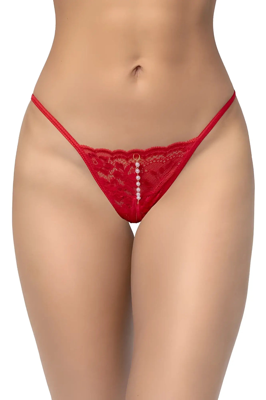 Red lace thong with a vertical row of white pearls down the center from mapale 129 collection
