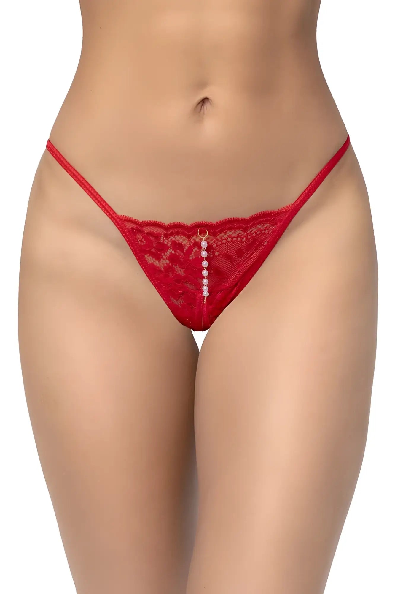 Red lace thong with a vertical row of white pearls down the center from mapale 129 collection