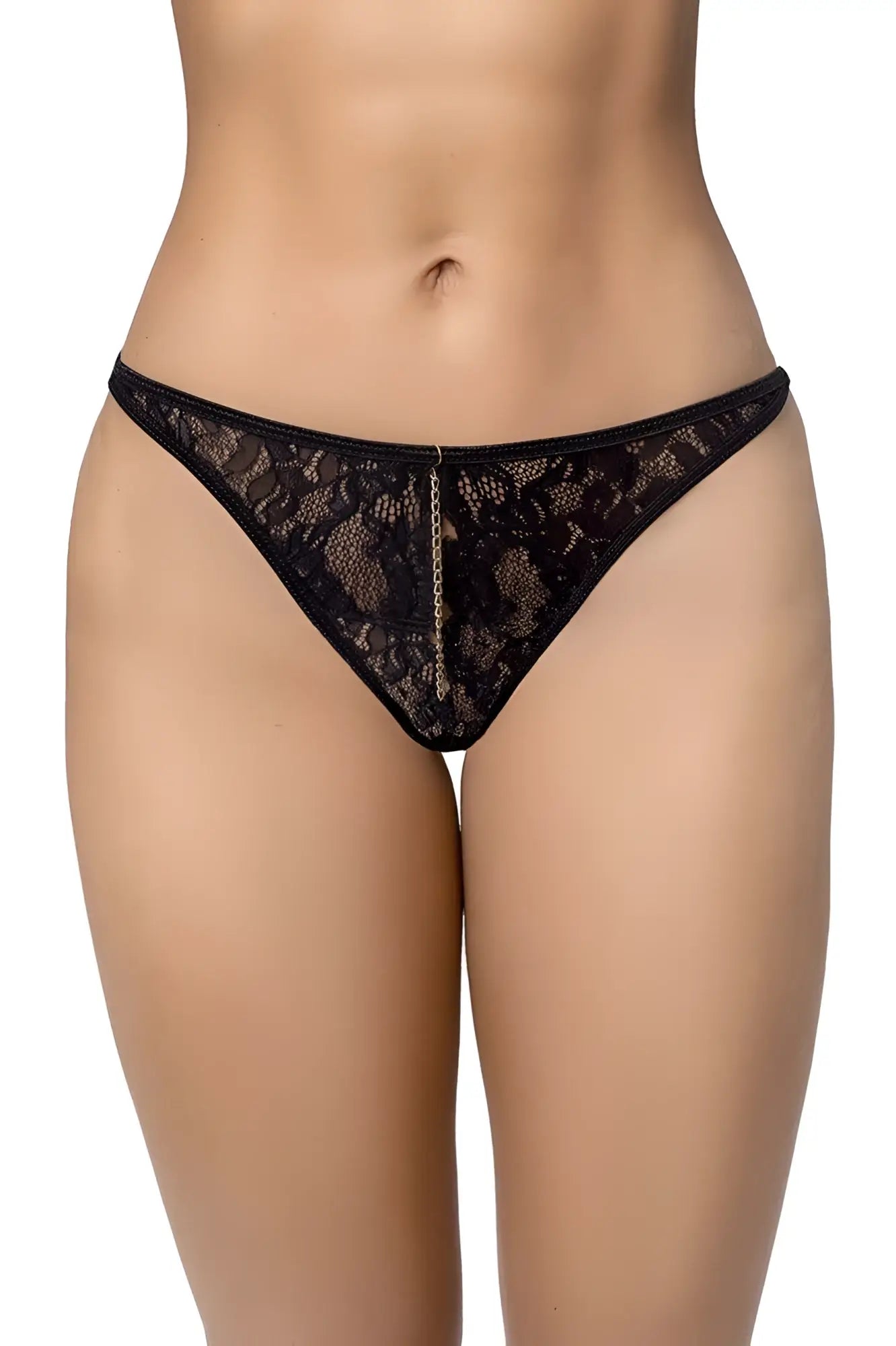 Black lace thong with delicate floral patterns and central gold chain detail from mapale 133 in black