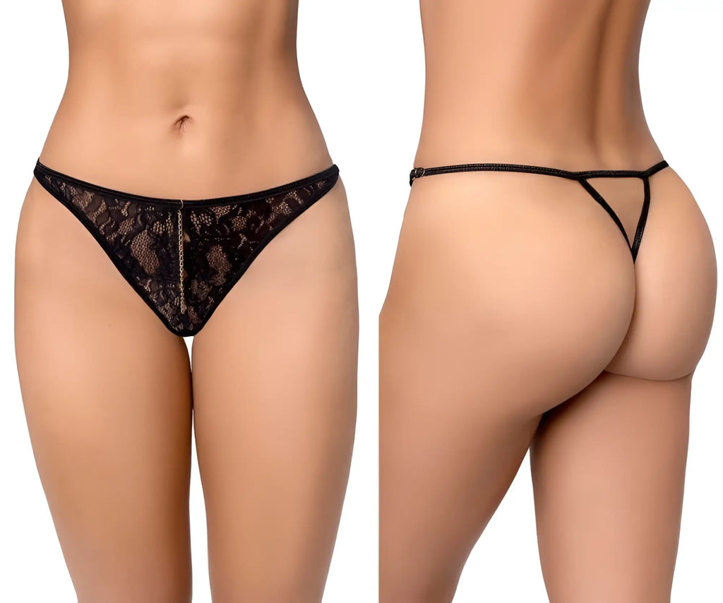 Black lace thong with delicate floral pattern and adjustable straps from Mapale 133 in black color