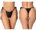 Black lace thong by Mapale 134 with side ties and sheer mesh panel in black showing front view