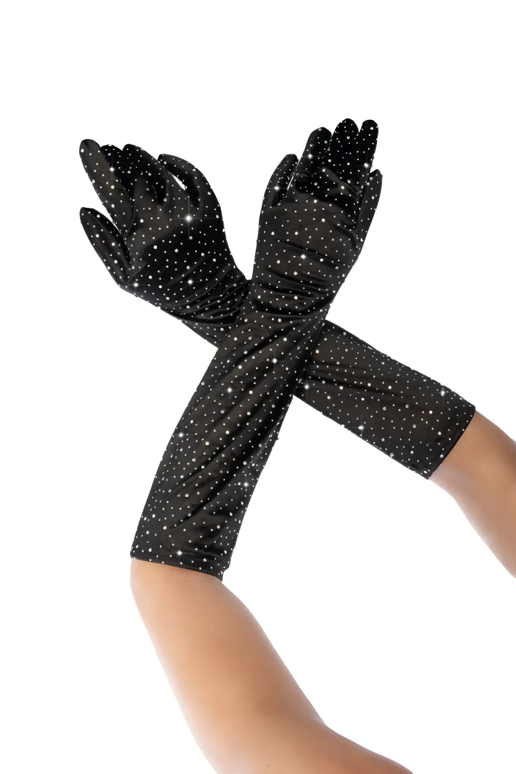 Mapale 135 black satin rhinestone opera gloves featuring sparkling white rhinestones for a glamorous look