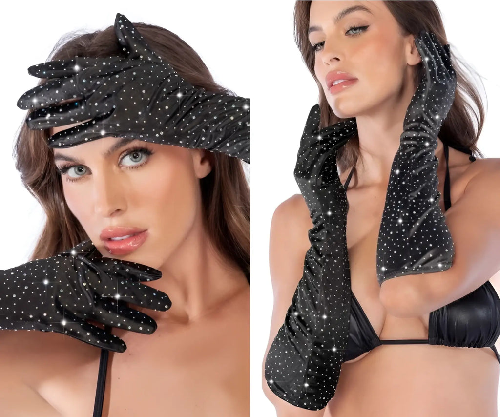 Mapale 135 satin black opera gloves with long sleeves adorned with sparkling rhinestones on the back side