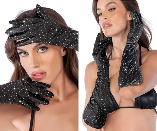 Mapale 135 satin black opera gloves with long sleeves adorned with sparkling rhinestones on the back side